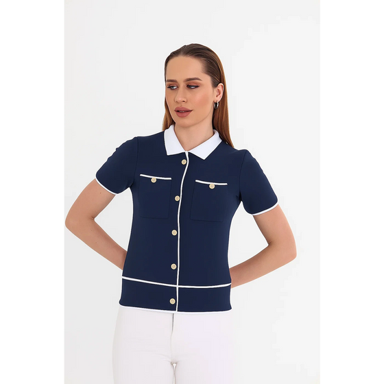 Navy Short-Sleeves Contrast Trim Shirt | Montivo Pakistan