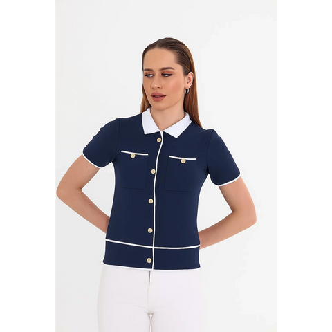 Navy Short-Sleeves Contrast Trim Shirt | Montivo Pakistan