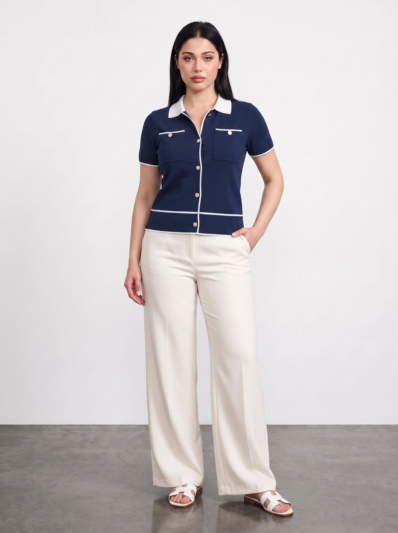 Navy Short-Sleeves Contrast Trim Shirt | Montivo Pakistan