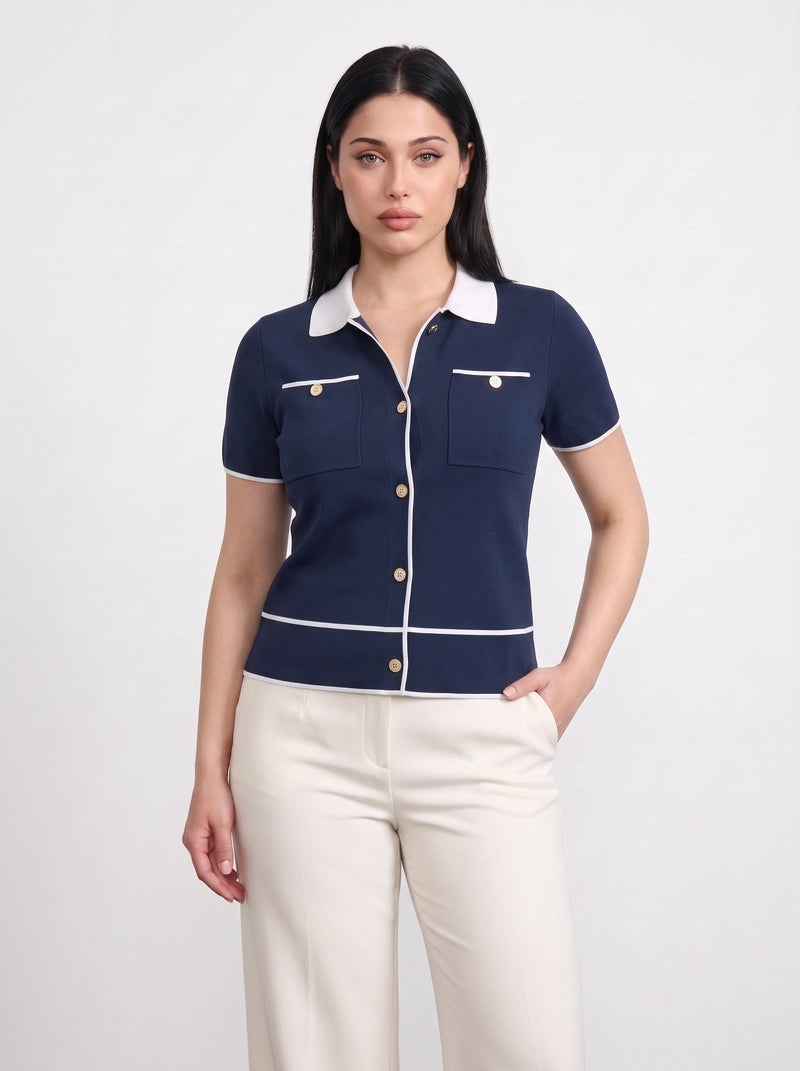 Navy Short-Sleeves Contrast Trim Shirt | Montivo Pakistan