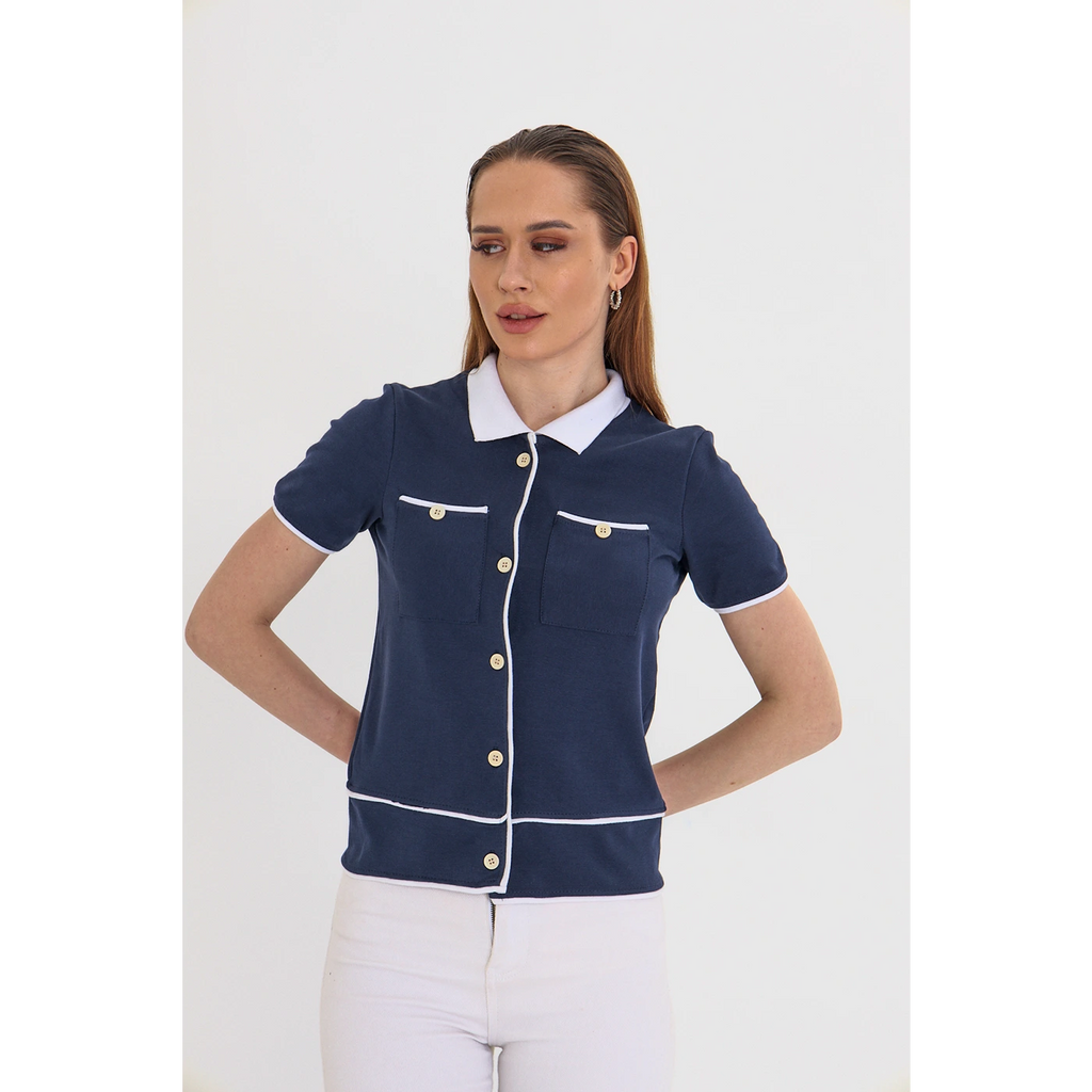 Navy Short-Sleeves Contrast Trim Shirt | Montivo Pakistan