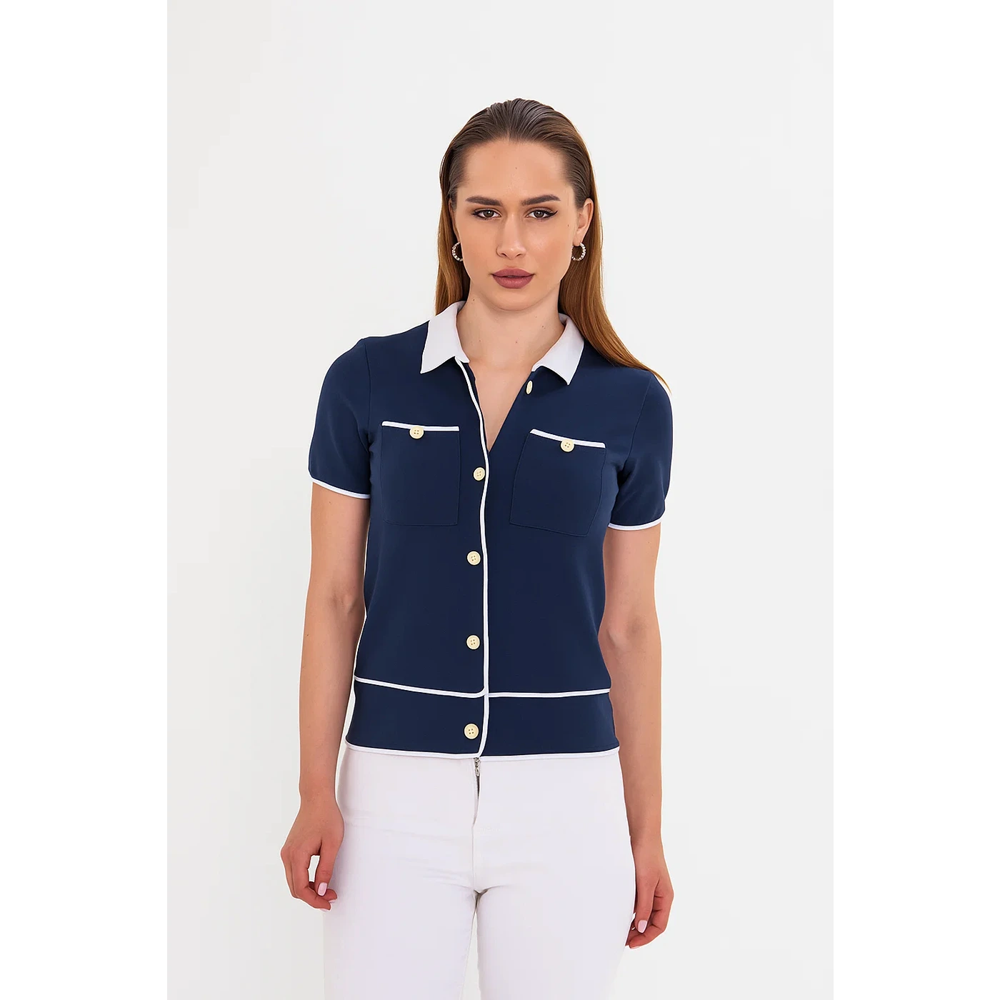 Navy Short-Sleeves Contrast Trim Shirt | Montivo Pakistan