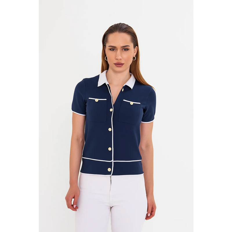 Navy Short-Sleeves Contrast Trim Shirt | Montivo Pakistan