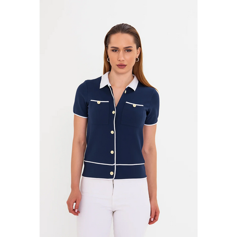 Navy Short-Sleeves Contrast Trim Shirt | Montivo Pakistan
