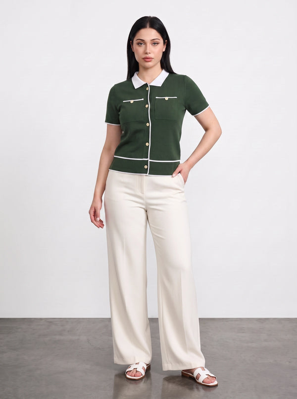 Green Short-Sleeves Contrast Trim Shirt | Montivo Pakistan