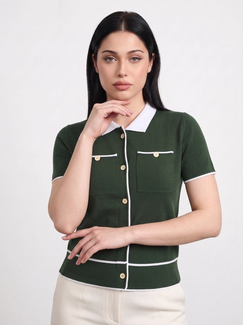 Green Short-Sleeves Contrast Trim Shirt | Montivo Pakistan