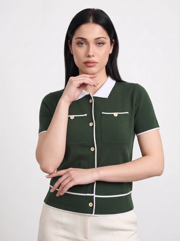 Green Short-Sleeves Contrast Trim Shirt | Montivo Pakistan