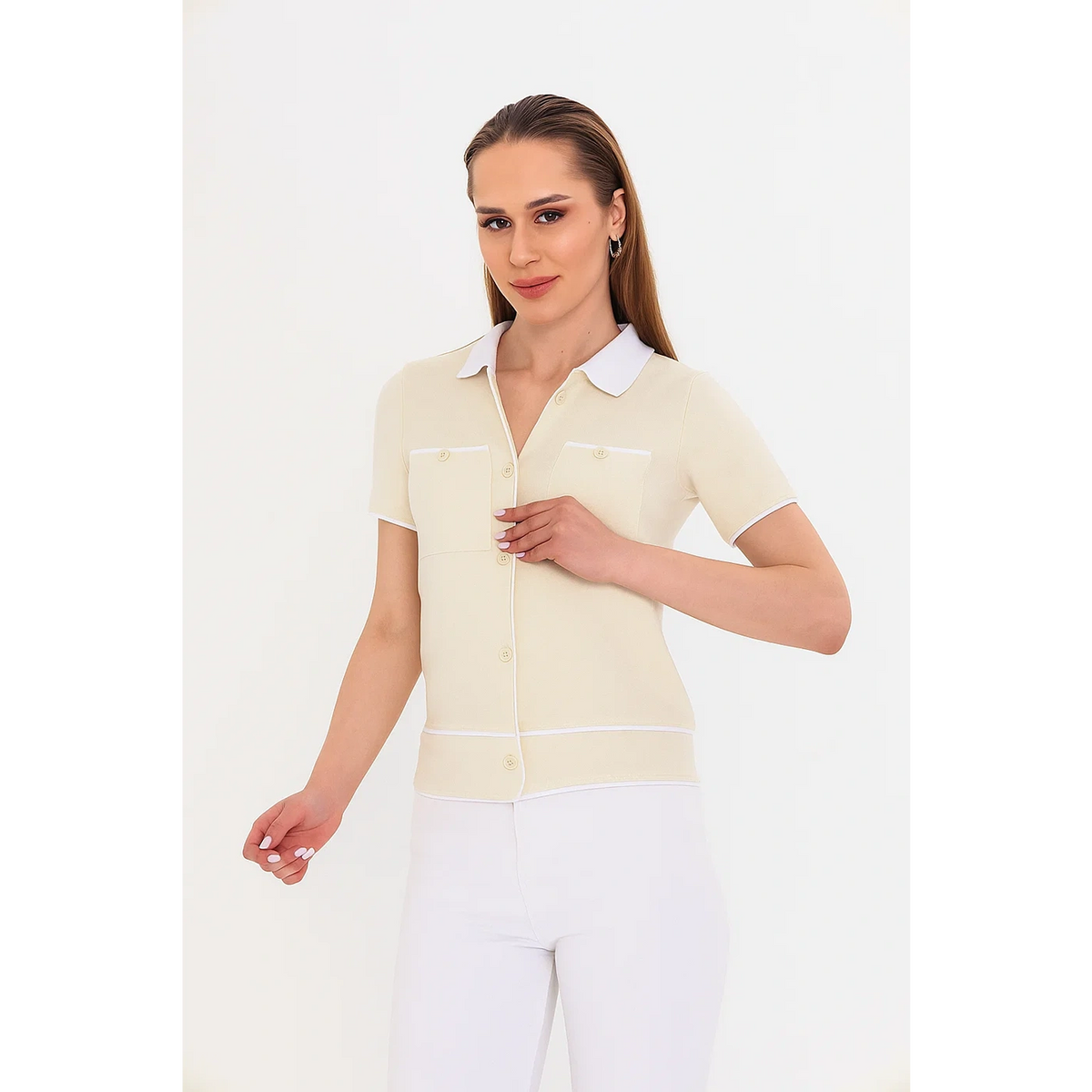 Off-White Short-Sleeves Contrast Trim Shirt | Montivo Pakistan