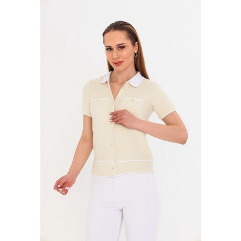Off-White Short-Sleeves Contrast Trim Shirt | Montivo Pakistan