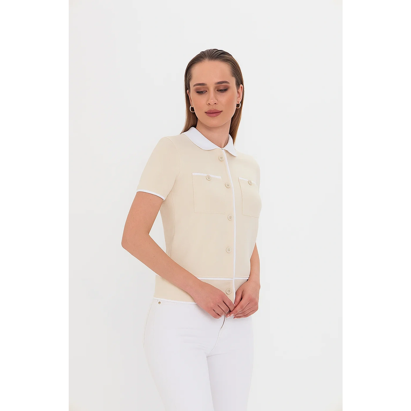 Off-White Short-Sleeves Contrast Trim Shirt | Montivo Pakistan