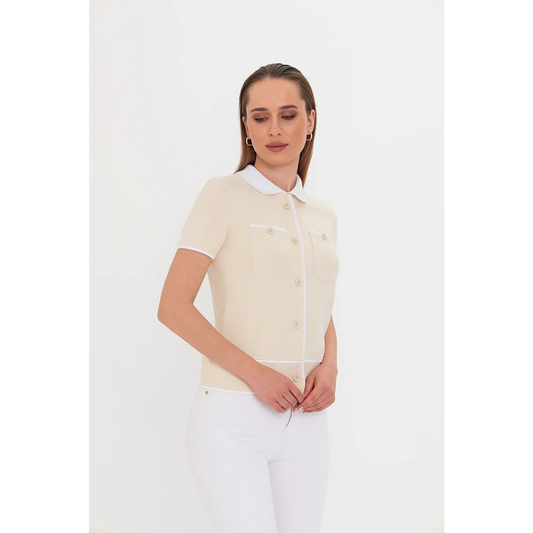 Off-White Short-Sleeves Contrast Trim Shirt | Montivo Pakistan