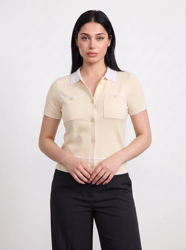 Off-White Short-Sleeves Contrast Trim Shirt | Montivo Pakistan