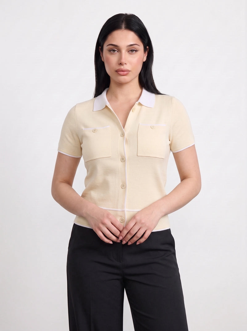 Off-White Short-Sleeves Contrast Trim Shirt | Montivo Pakistan