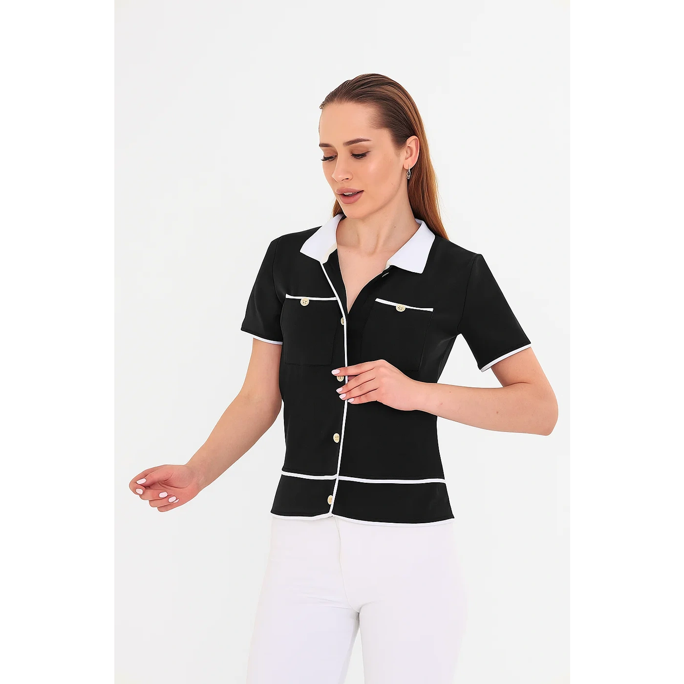 Black Short-Sleeves Contrast Trim Shirt | Montivo Pakistan
