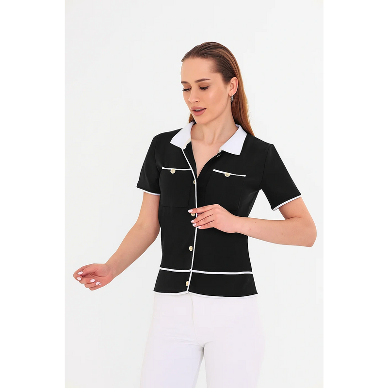 Black Short-Sleeves Contrast Trim Shirt | Montivo Pakistan