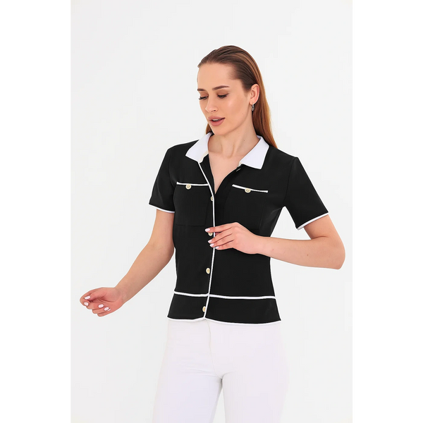 Black Short-Sleeves Contrast Trim Shirt | Montivo Pakistan