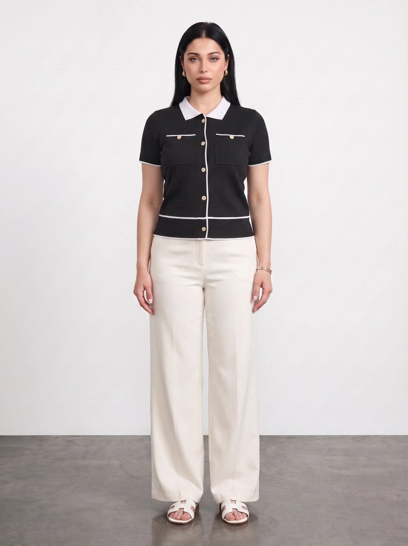Black Short-Sleeves Contrast Trim Shirt | Montivo Pakistan