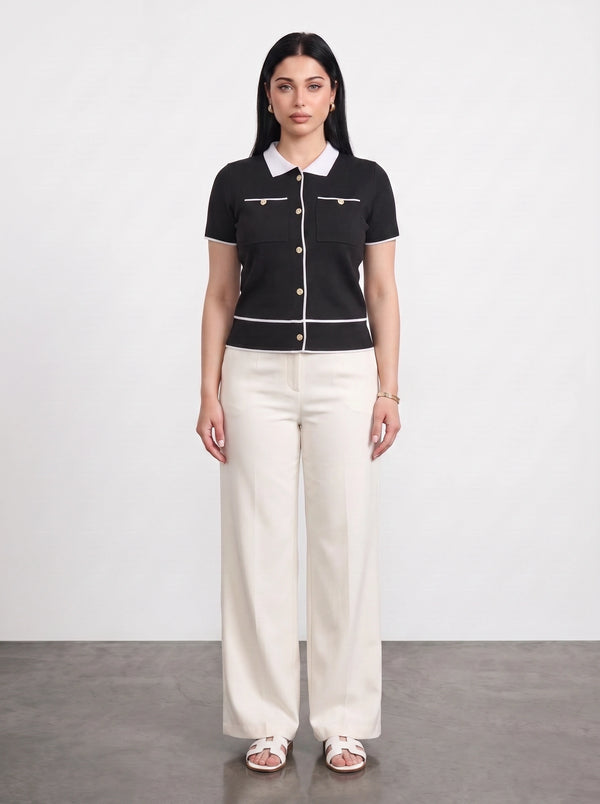 Black Short-Sleeves Contrast Trim Shirt | Montivo Pakistan