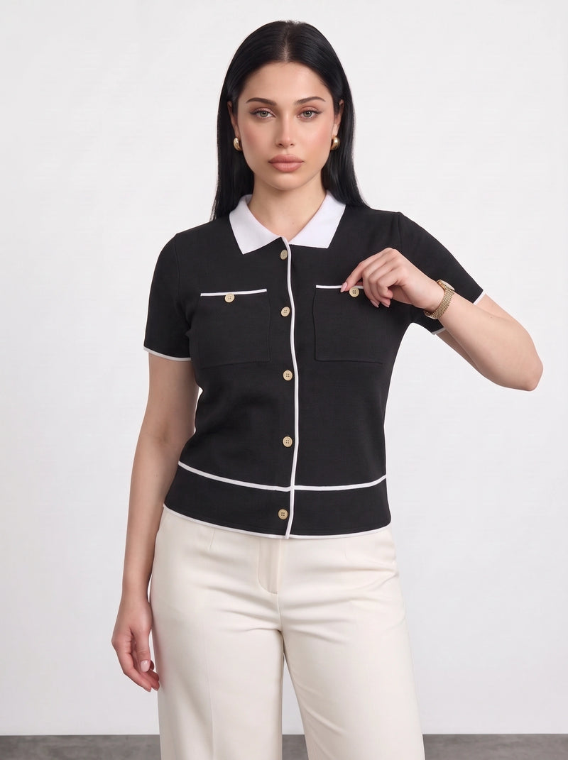 Black Short-Sleeves Contrast Trim Shirt | Montivo Pakistan