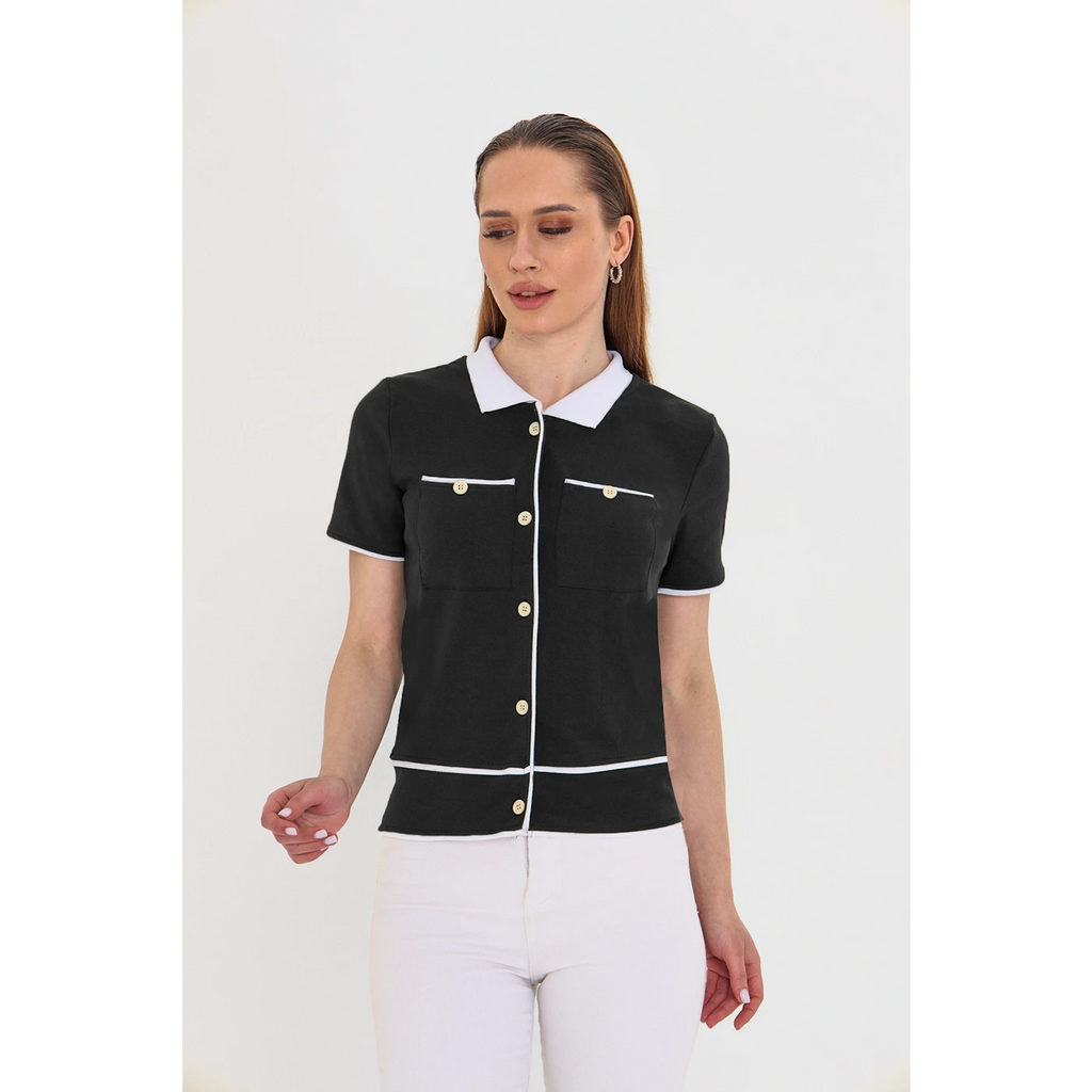 Black Short-Sleeves Contrast Trim Shirt | Montivo Pakistan