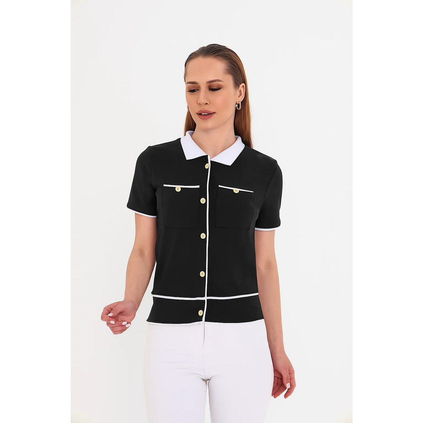 Black Short-Sleeves Contrast Trim Shirt | Montivo Pakistan