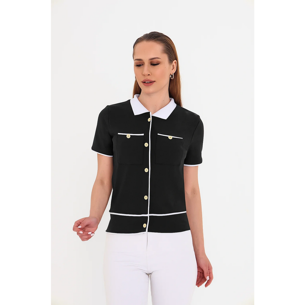 Black Short-Sleeves Contrast Trim Shirt | Montivo Pakistan