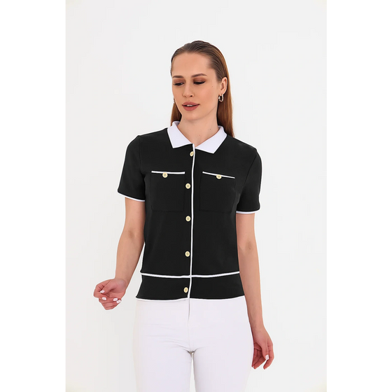 Black Short-Sleeves Contrast Trim Shirt | Montivo Pakistan