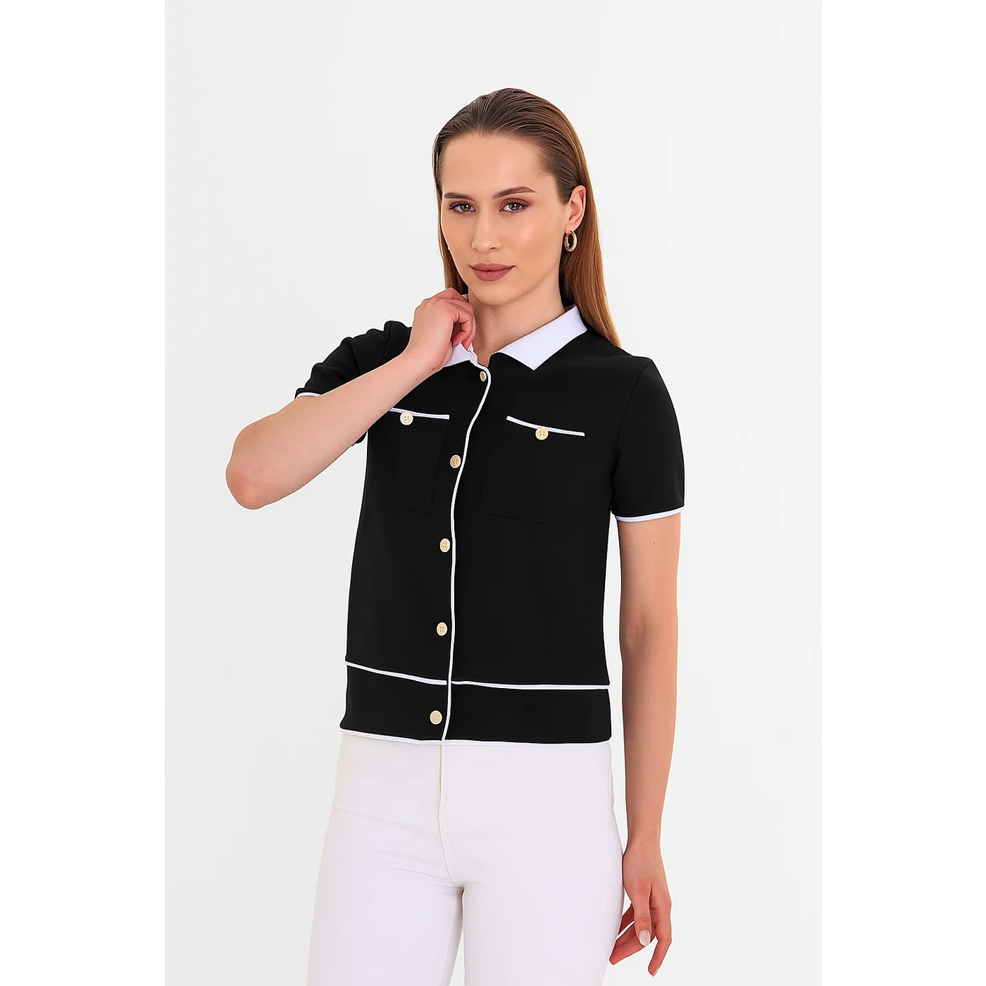 Black Short-Sleeves Contrast Trim Shirt | Montivo Pakistan