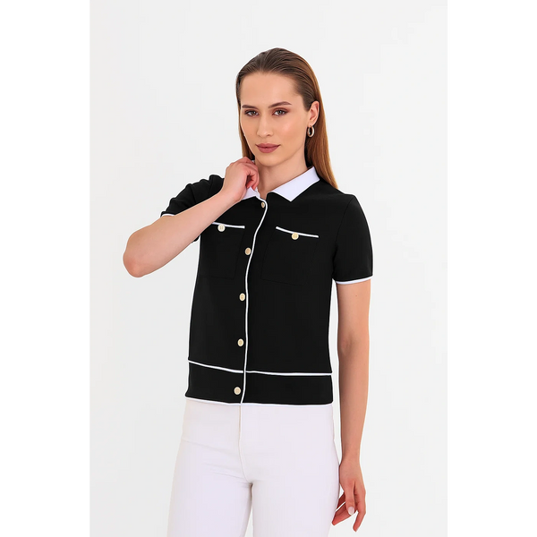 Black Short-Sleeves Contrast Trim Shirt | Montivo Pakistan