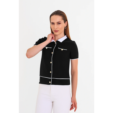 Black Short-Sleeves Contrast Trim Shirt | Montivo Pakistan