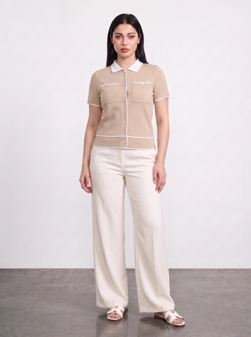 Beige Short-Sleeves Contrast Trim Shirt | Montivo Pakistan