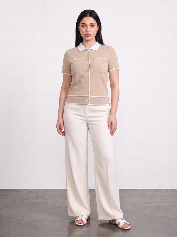 Beige Short-Sleeves Contrast Trim Shirt | Montivo Pakistan