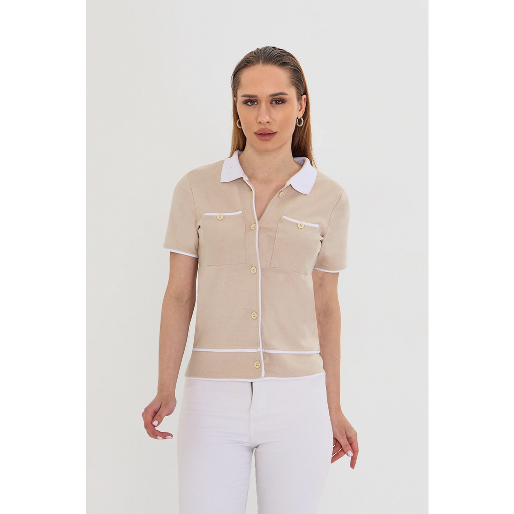 Beige Short-Sleeves Contrast Trim Shirt | Montivo Pakistan