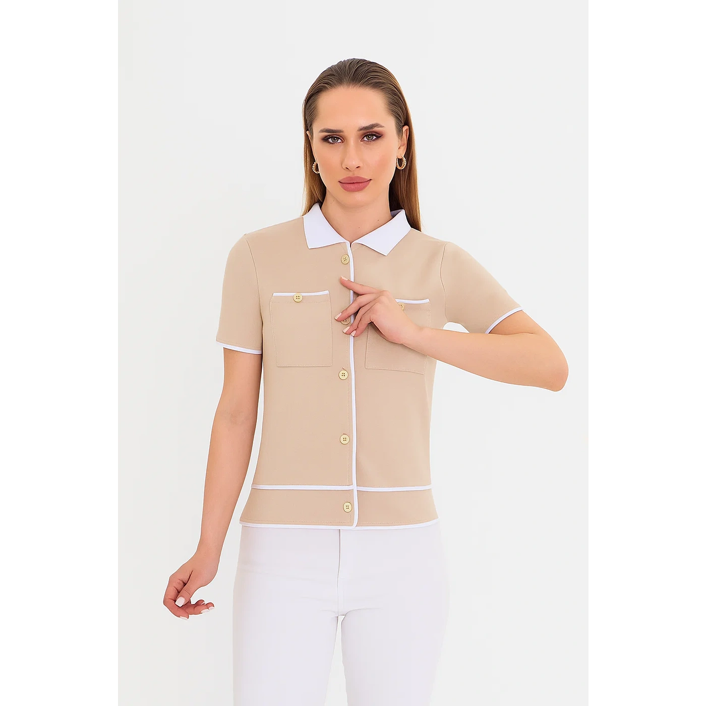 Beige Short-Sleeves Contrast Trim Shirt | Montivo Pakistan