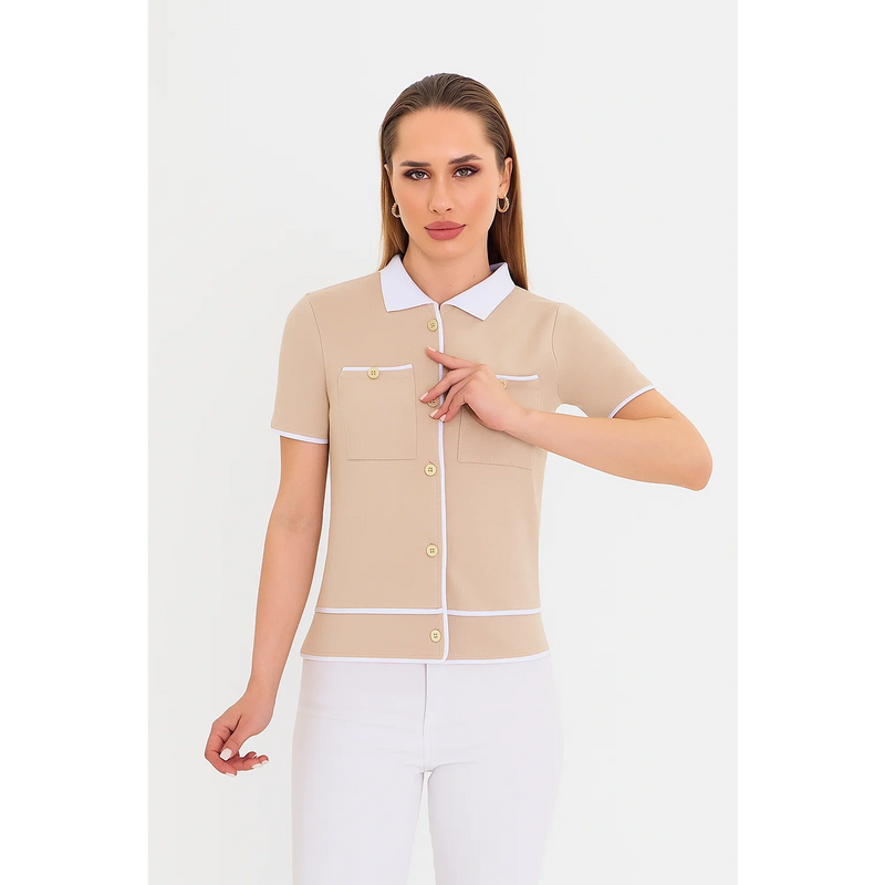 Beige Short-Sleeves Contrast Trim Shirt | Montivo Pakistan