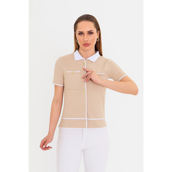 Beige Short-Sleeves Contrast Trim Shirt | Montivo Pakistan