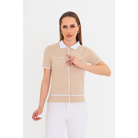 Beige Short-Sleeves Contrast Trim Shirt | Montivo Pakistan