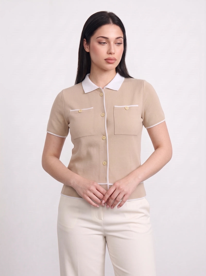 Beige Short-Sleeves Contrast Trim Shirt | Montivo Pakistan