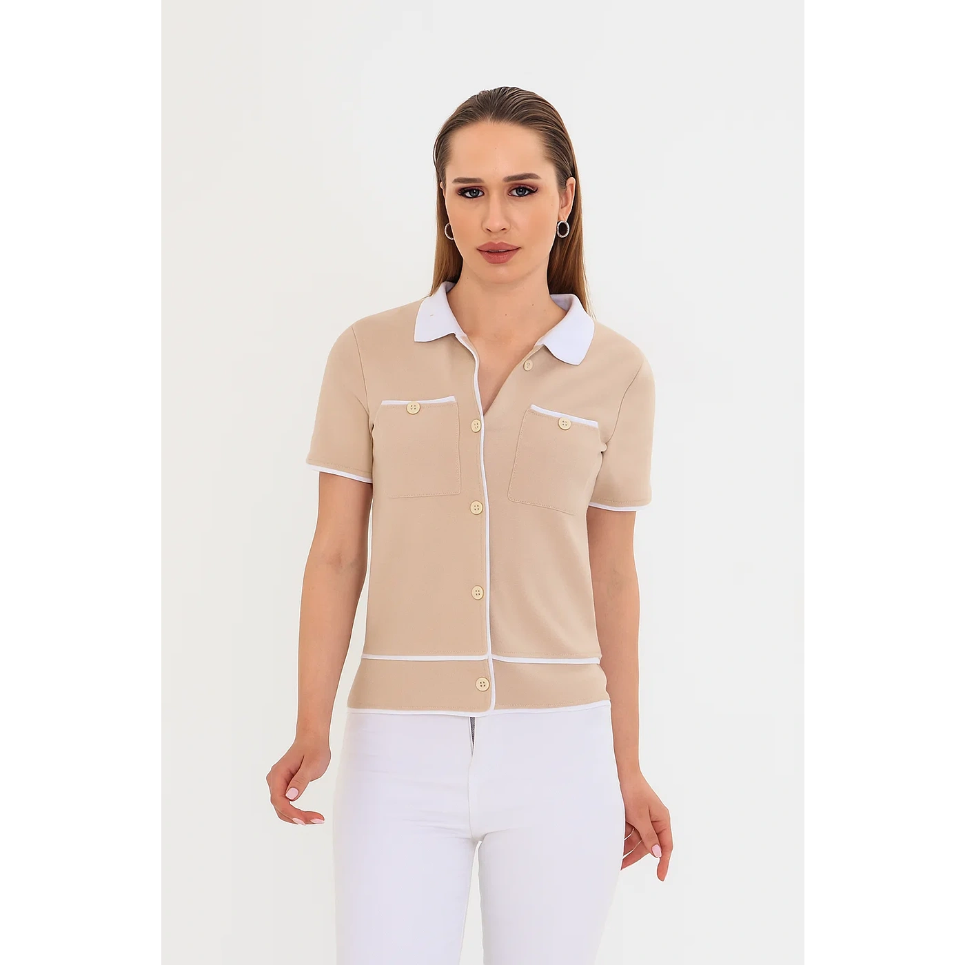 Beige Short-Sleeves Contrast Trim Shirt | Montivo Pakistan