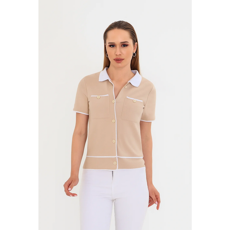 Beige Short-Sleeves Contrast Trim Shirt | Montivo Pakistan