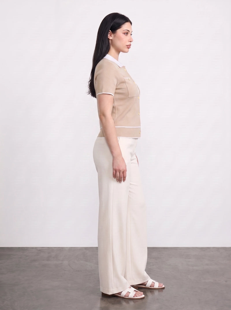 Beige Short-Sleeves Contrast Trim Shirt | Montivo Pakistan