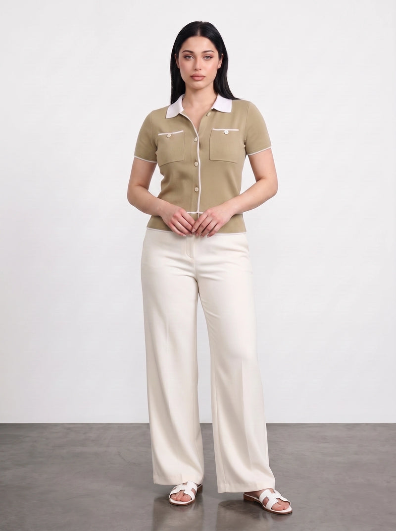 Light Olive Short-Sleeves Contrast Trim Shirt | Montivo Pakistan
