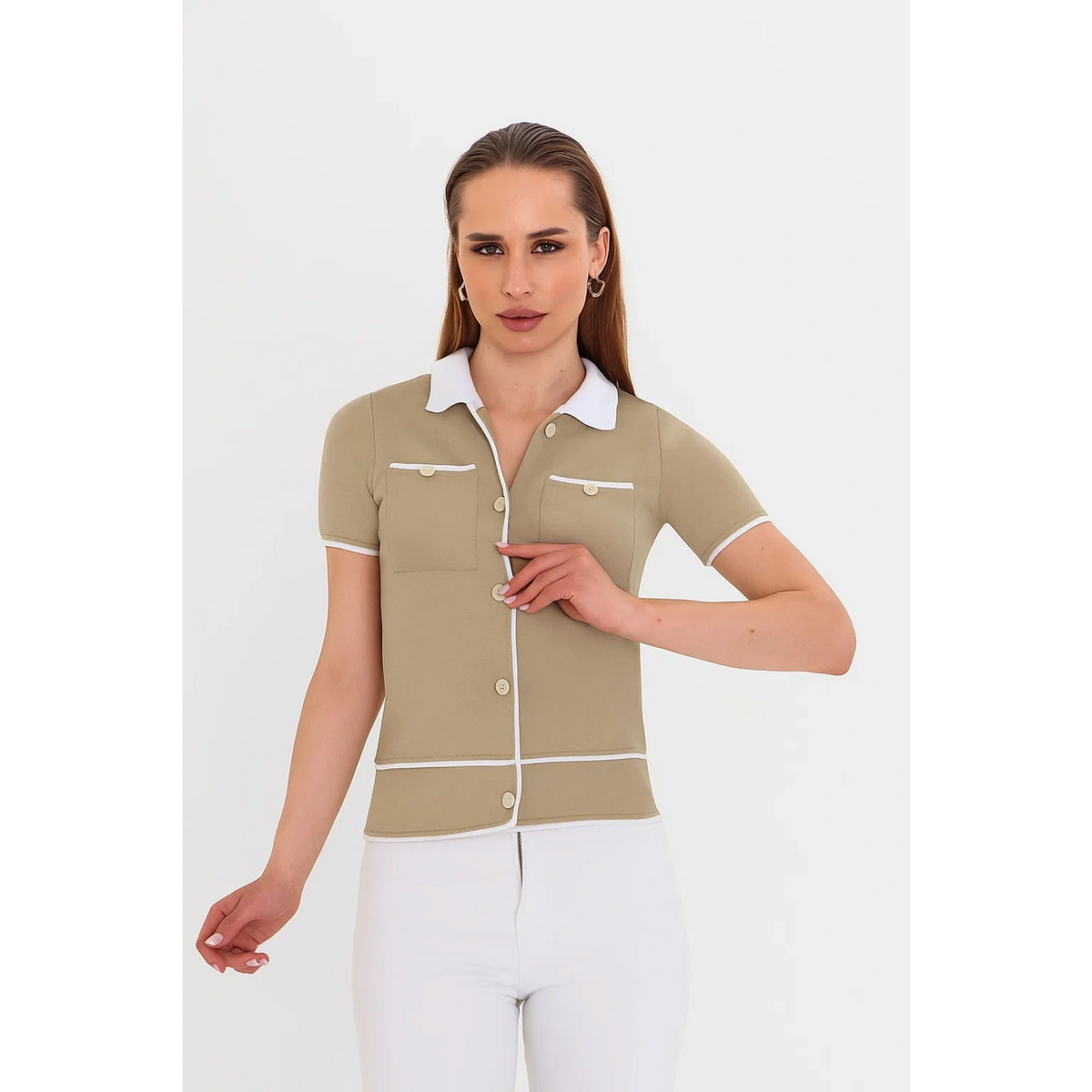Light Olive Short-Sleeves Contrast Trim Shirt | Montivo Pakistan