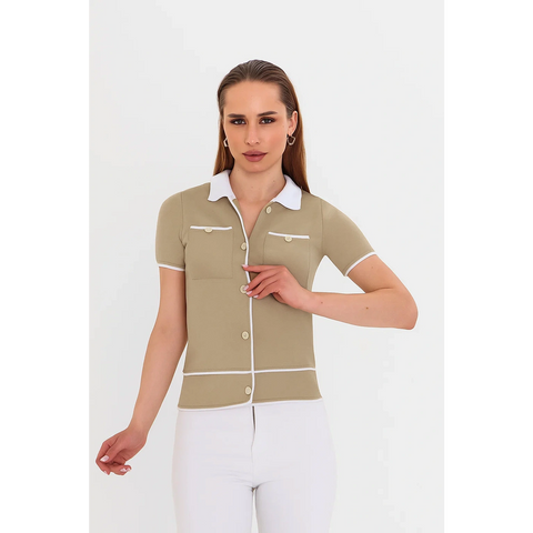 Light Olive Short-Sleeves Contrast Trim Shirt | Montivo Pakistan