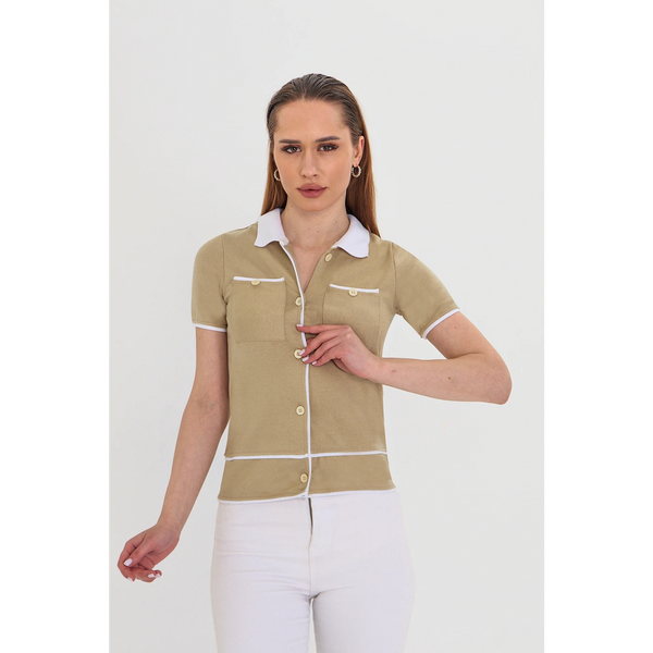 Light Olive Short-Sleeves Contrast Trim Shirt | Montivo Pakistan