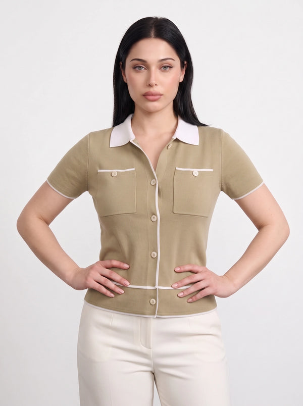Light Olive Short-Sleeves Contrast Trim Shirt | Montivo Pakistan