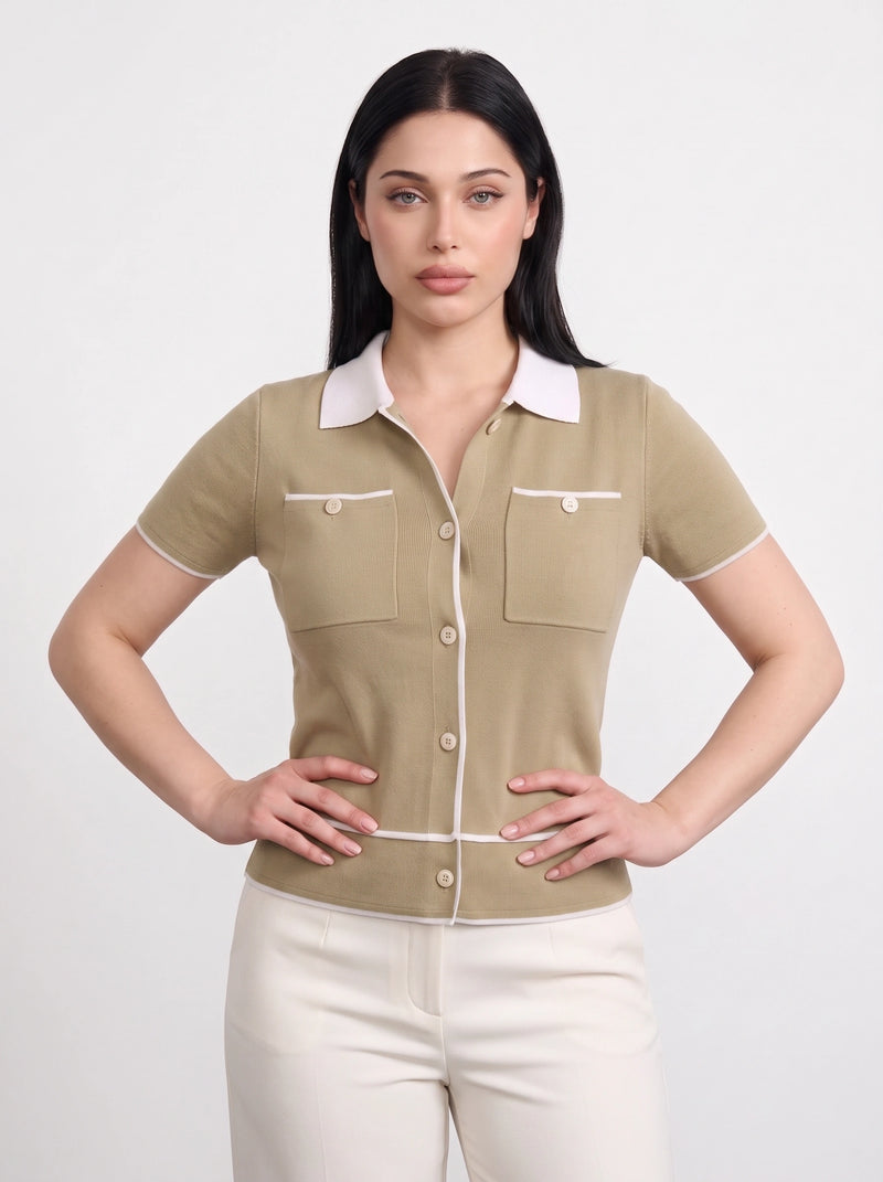 Light Olive Short-Sleeves Contrast Trim Shirt | Montivo Pakistan