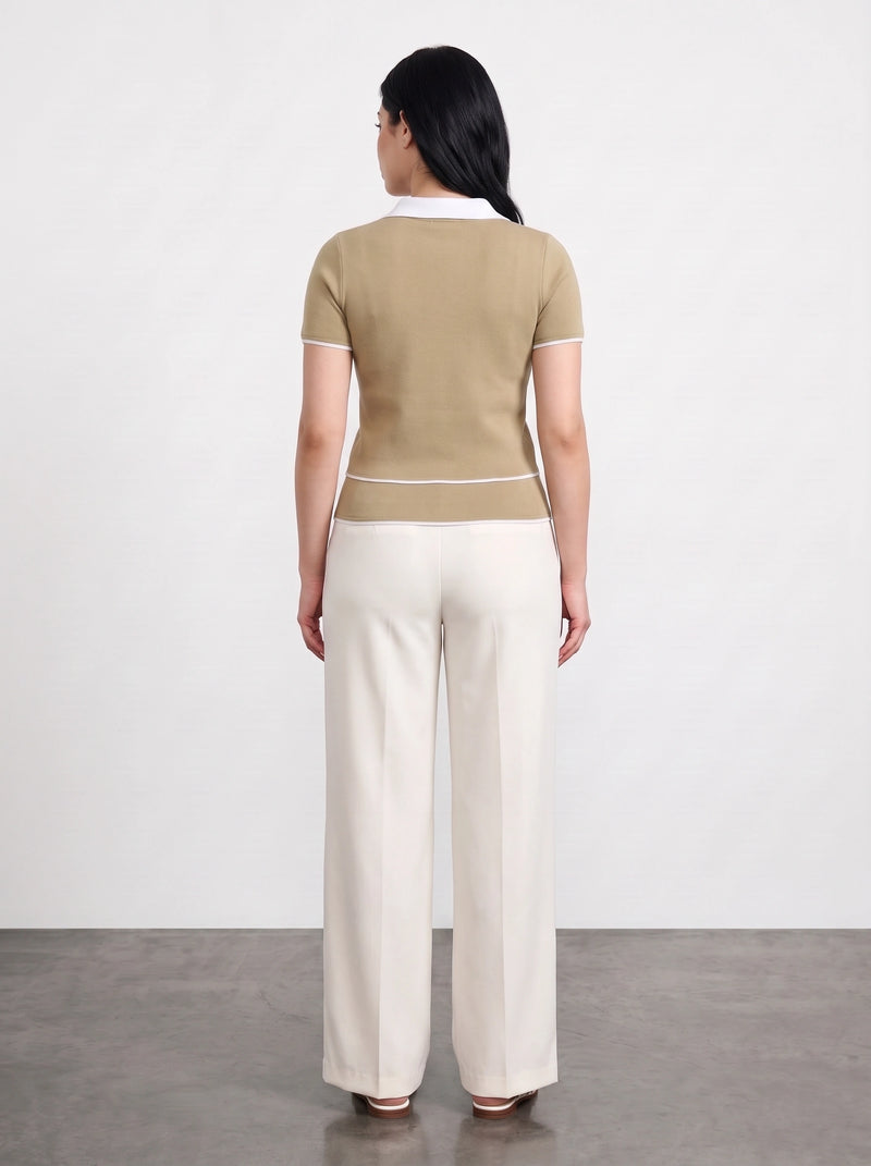 Light Olive Short-Sleeves Contrast Trim Shirt | Montivo Pakistan