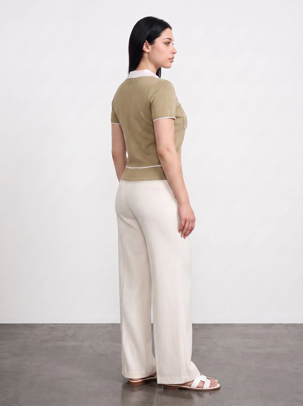 Light Olive Short-Sleeves Contrast Trim Shirt | Montivo Pakistan