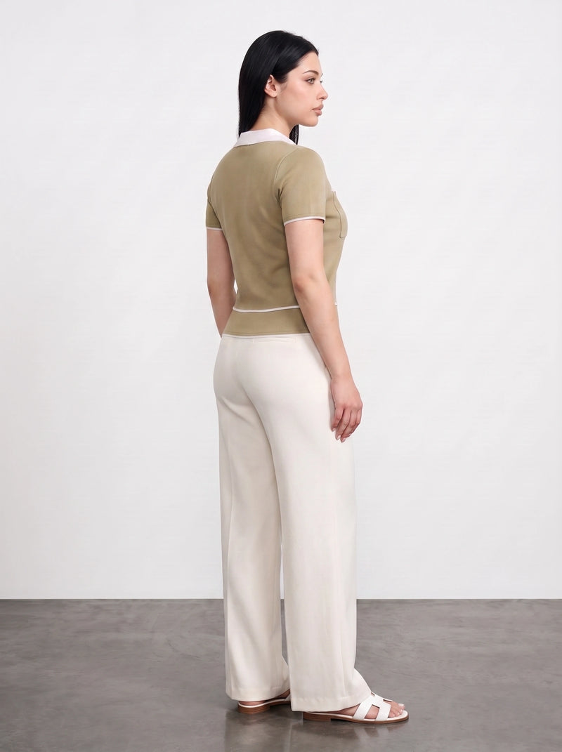Light Olive Short-Sleeves Contrast Trim Shirt | Montivo Pakistan
